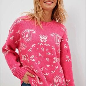 American Eagle Paisley Sweater Womens Small Pink Bandana Print Boho Oversized